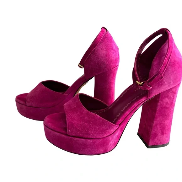 Tory Burch Size 7 Loretta Platforms Sandals Suede Fuchsia Hot Pink - Picture 2 of 7